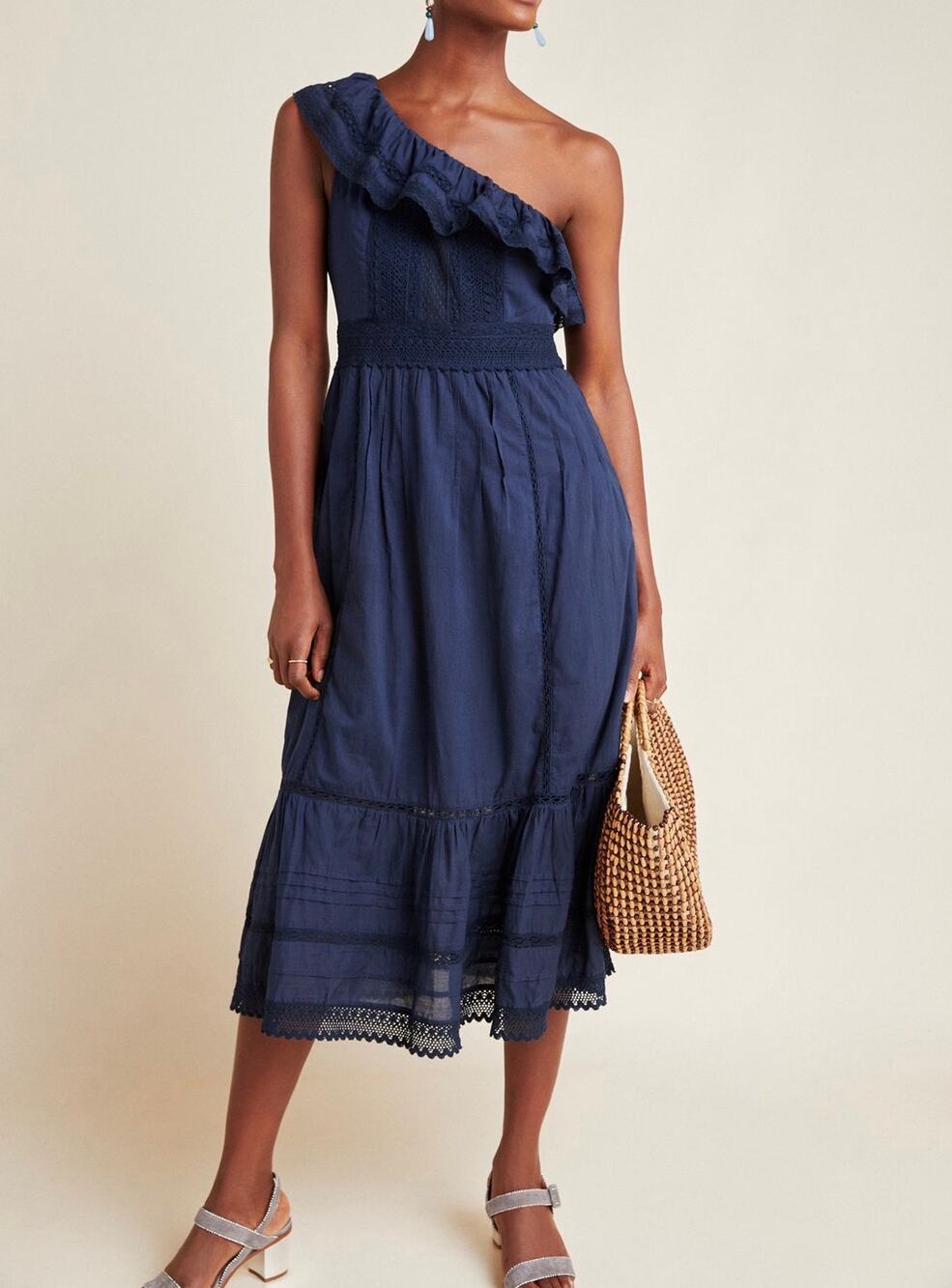 Velvet By Graham & Spencer Coco One Shoulder Lace Midi Dress Navy Medium
